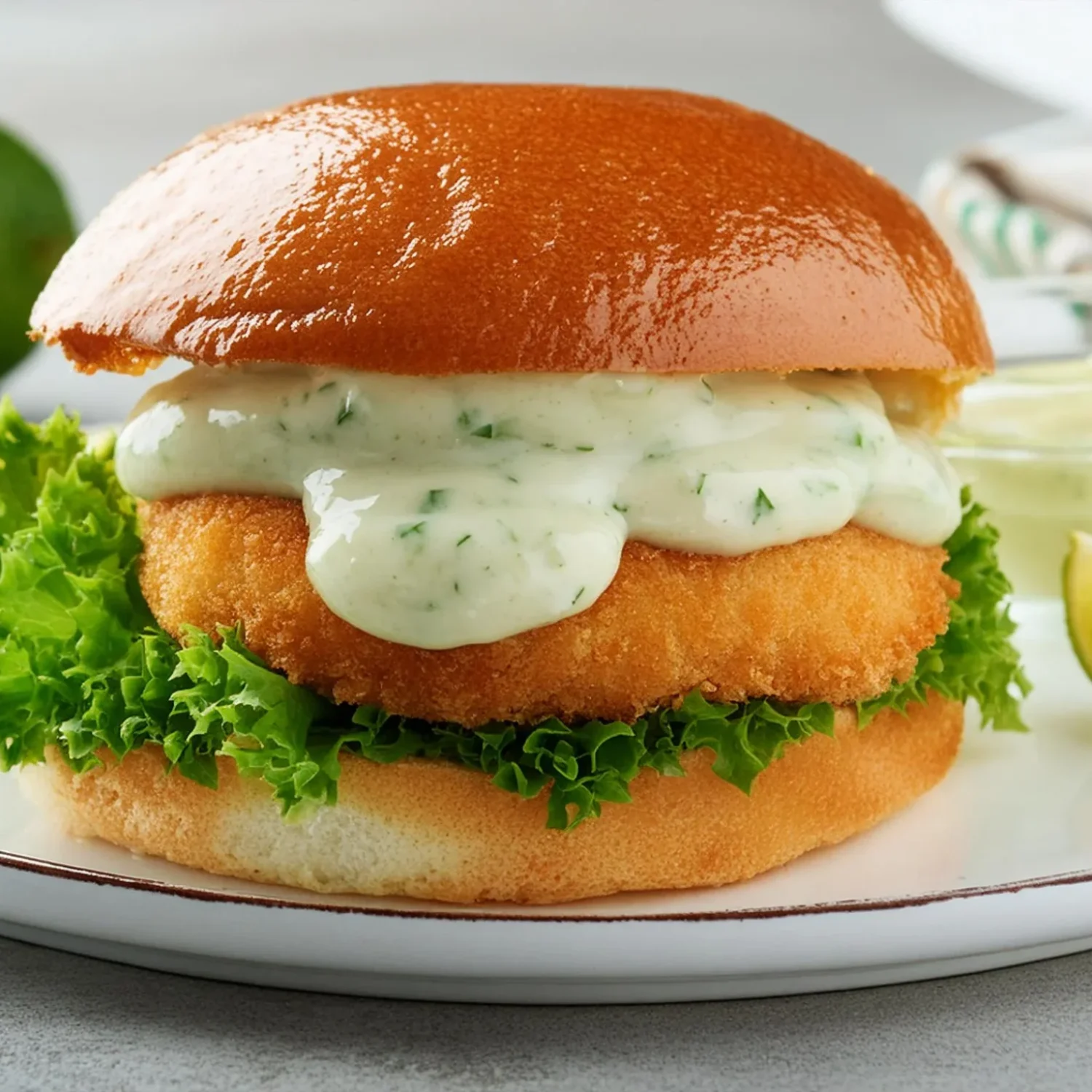 Burger de camarão empanado com maionese de limão e coentro